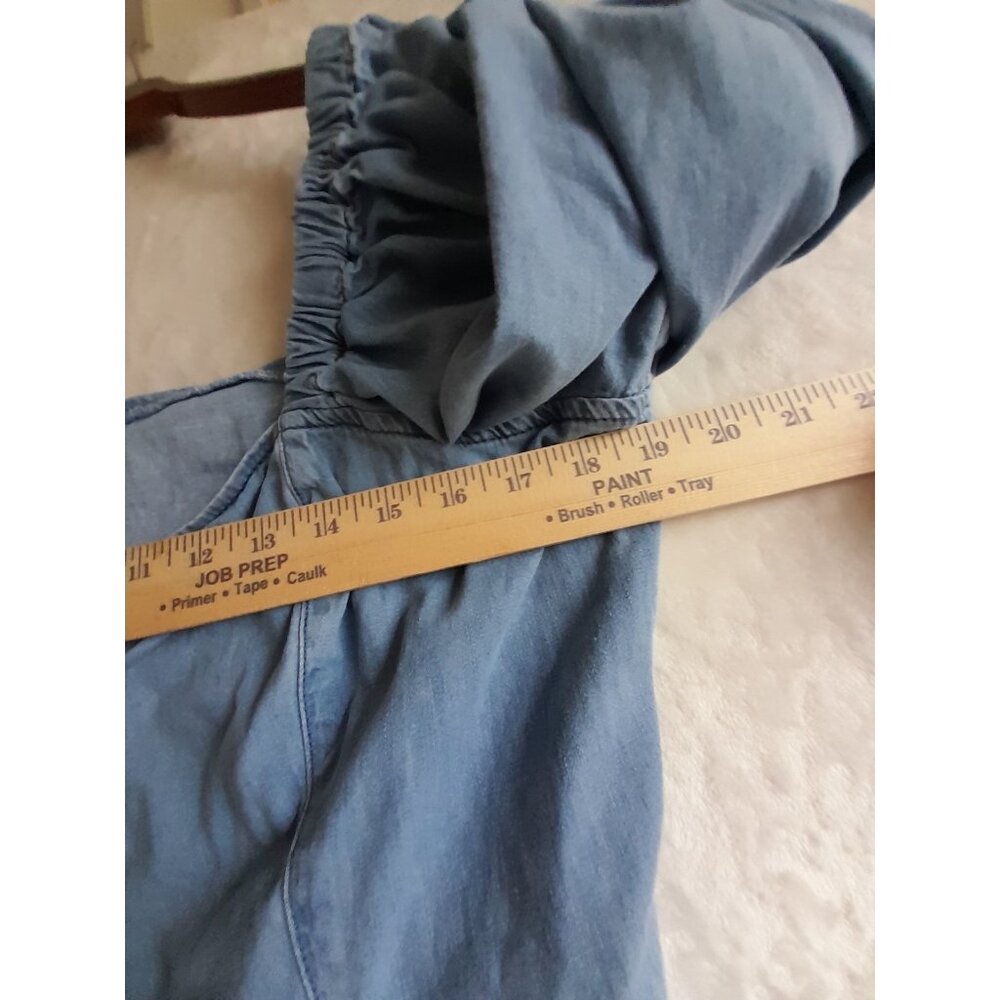 Womens XL Balloon Sleeve Peasant Boho Hippie Cropped  Milkmaid Denim Blouse - Picture 7 of 7